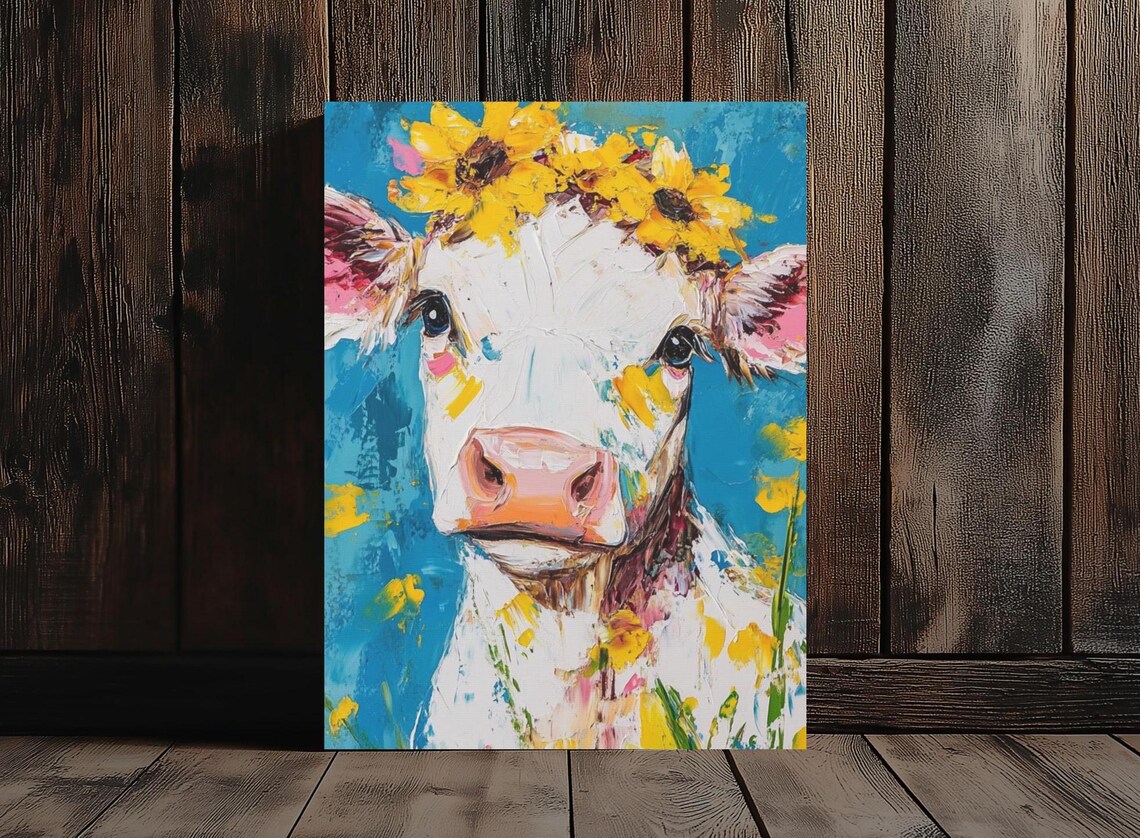 Cow Sunflower Crown Turquoise Farmhouse Cute Animal Painting Wall Art