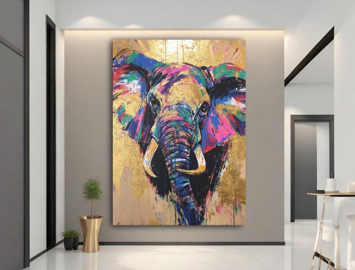 Colorful Elephant Gold Leaf Abstract Safari Modern Wall Art Canvas
