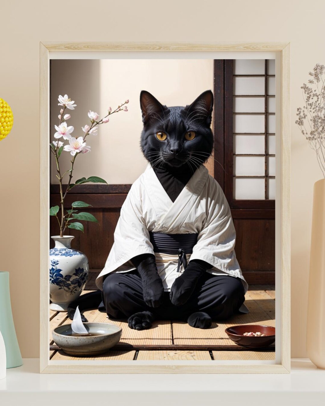 Black Cat Wearing Kimono Seated Zen Japanese Style Print Decor