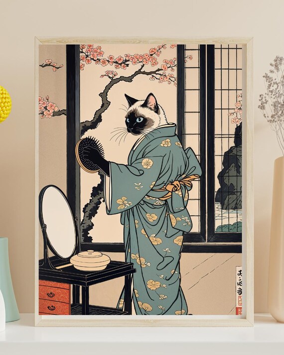 Ukiyo E Siamese Cat Brushing Hair in Kimono Style Print Decor