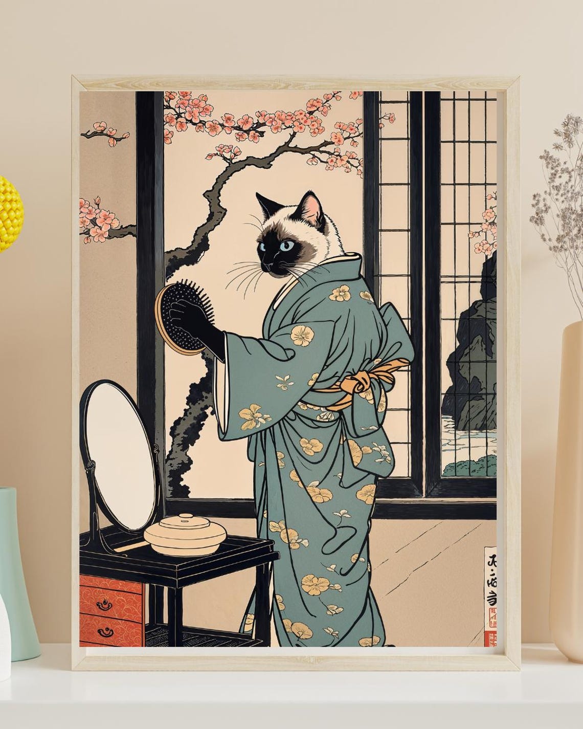 Ukiyo E Siamese Cat Brushing Hair in Kimono Style Print Decor