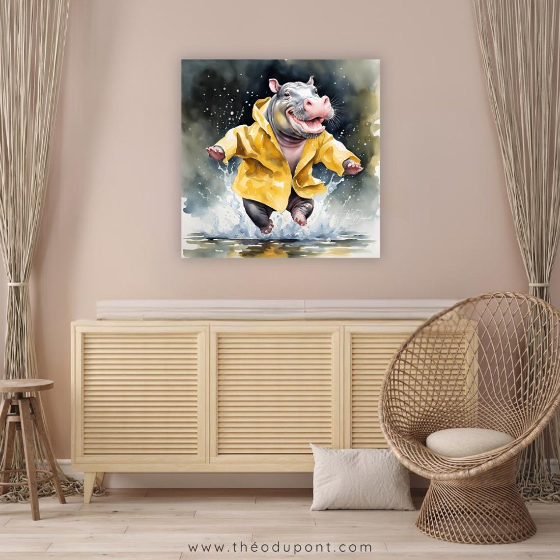 Baby Pygmy Hippo Yellow Raincoat Jumping Puddle Watercolor Poster - Image 3