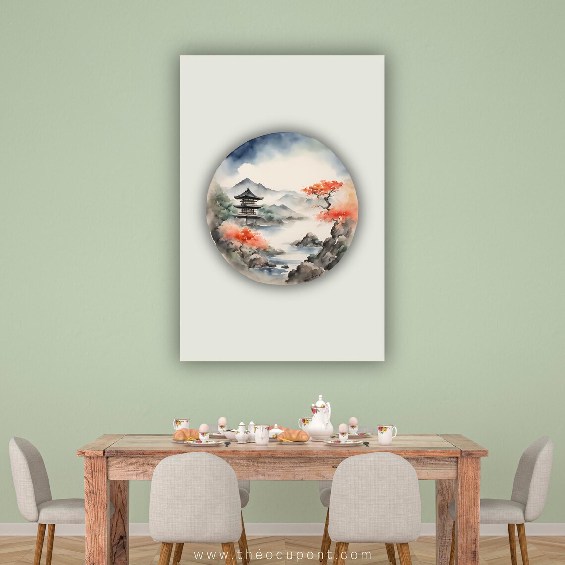 Japanese Pagoda Temple River Autumn Maples Round Window Art Poster - Image 2