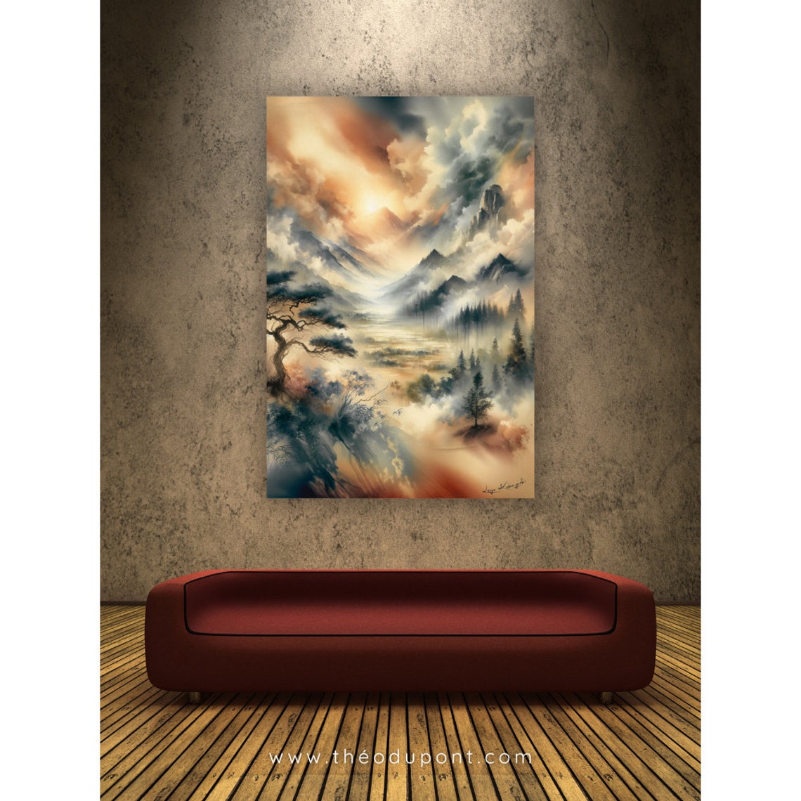 Japanese Pagoda Cherry Blossom Cliff Misty Mountains Jewel Art Poster - Image 2