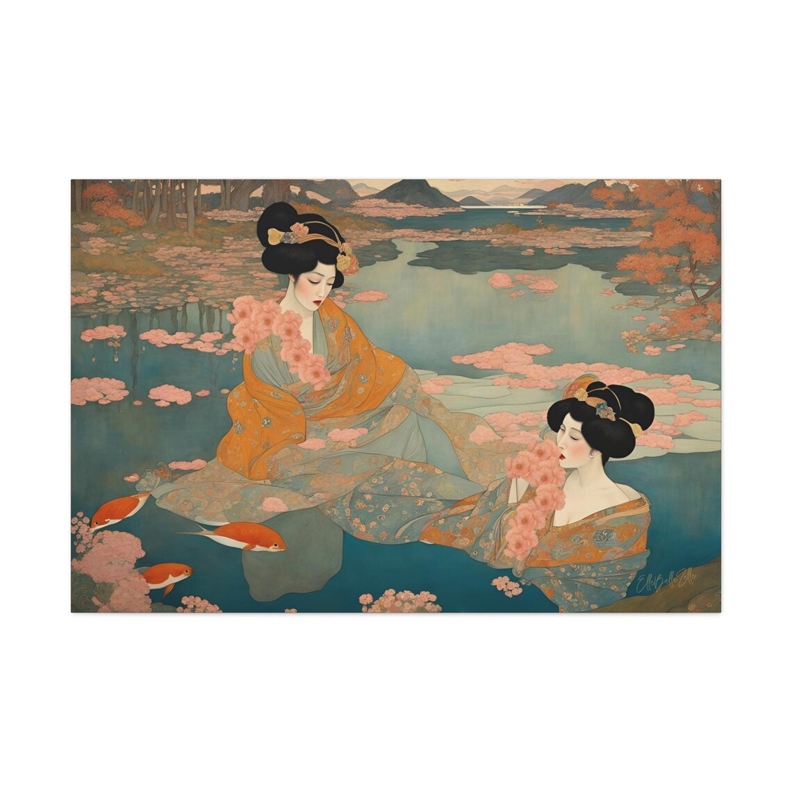 Art Nouveau Two Geishas Lily Pond Koi Fish Orange Kimono Art Poster - Image 2