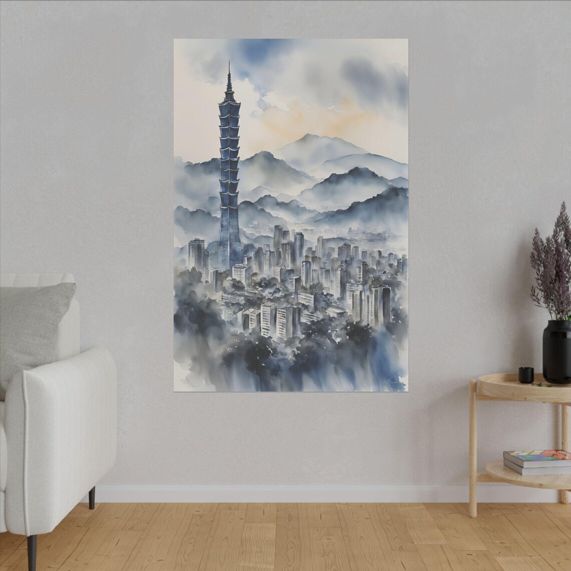 Taipei 101 Taiwan Skyline Misty Mountain City Watercolor Travel Poster - Image 3