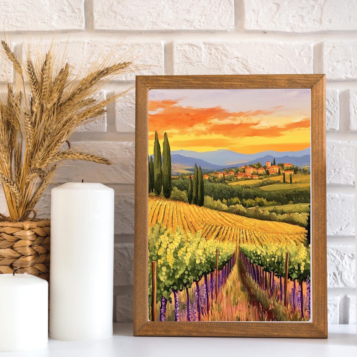 Tuscan Vineyard Rows at Sunset with a Hilltop Village Poster - Image 3