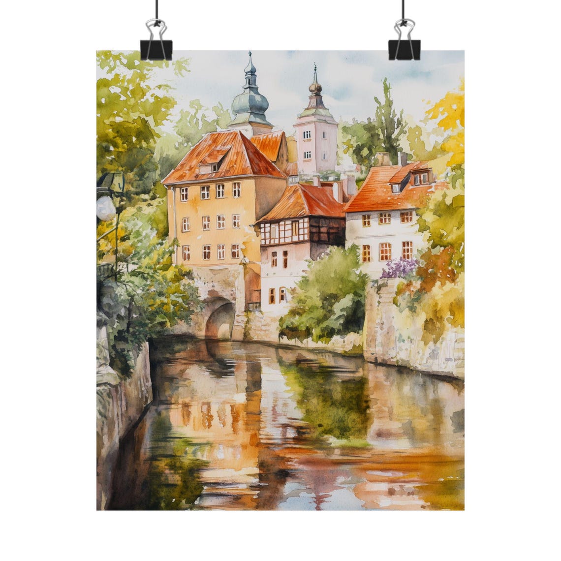 Cesky Krumlov River Reflections Medieval Old Town Watercolor Poster
