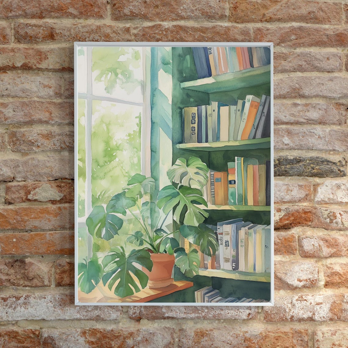 Monstera Plant Window Reading Corner Bookshelf Watercolor Poster - Image 6