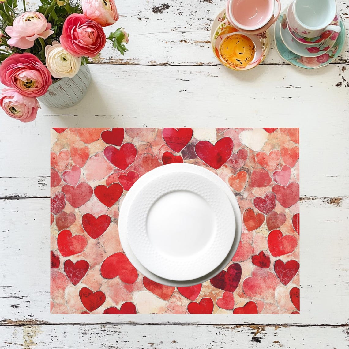 Watercolor Red Hearts Romantic Valentine Table Placemat Decor Print - Image 5