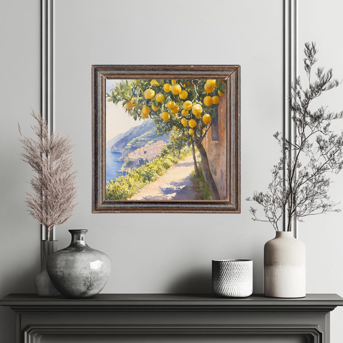 Lemon Tree Over Italian Coastal Village Sunny Watercolor Travel Poster - Image 4