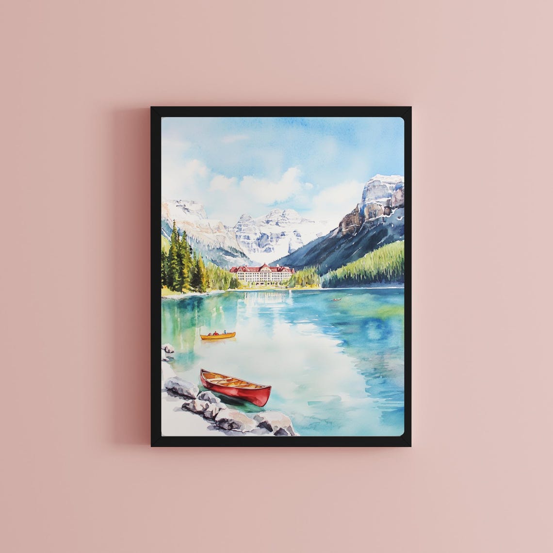 Lake Louise Red Canoe Beneath the Snowy Canadian Rockies Poster - Image 2