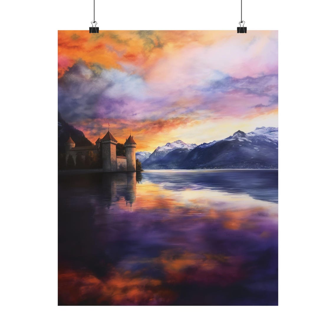 Lake Geneva Sunset Gouache Painting Chillon Castle Purple Orange Sky Alps Montreux Medieval Fortress Wall Art Print Home Decor - Image 4