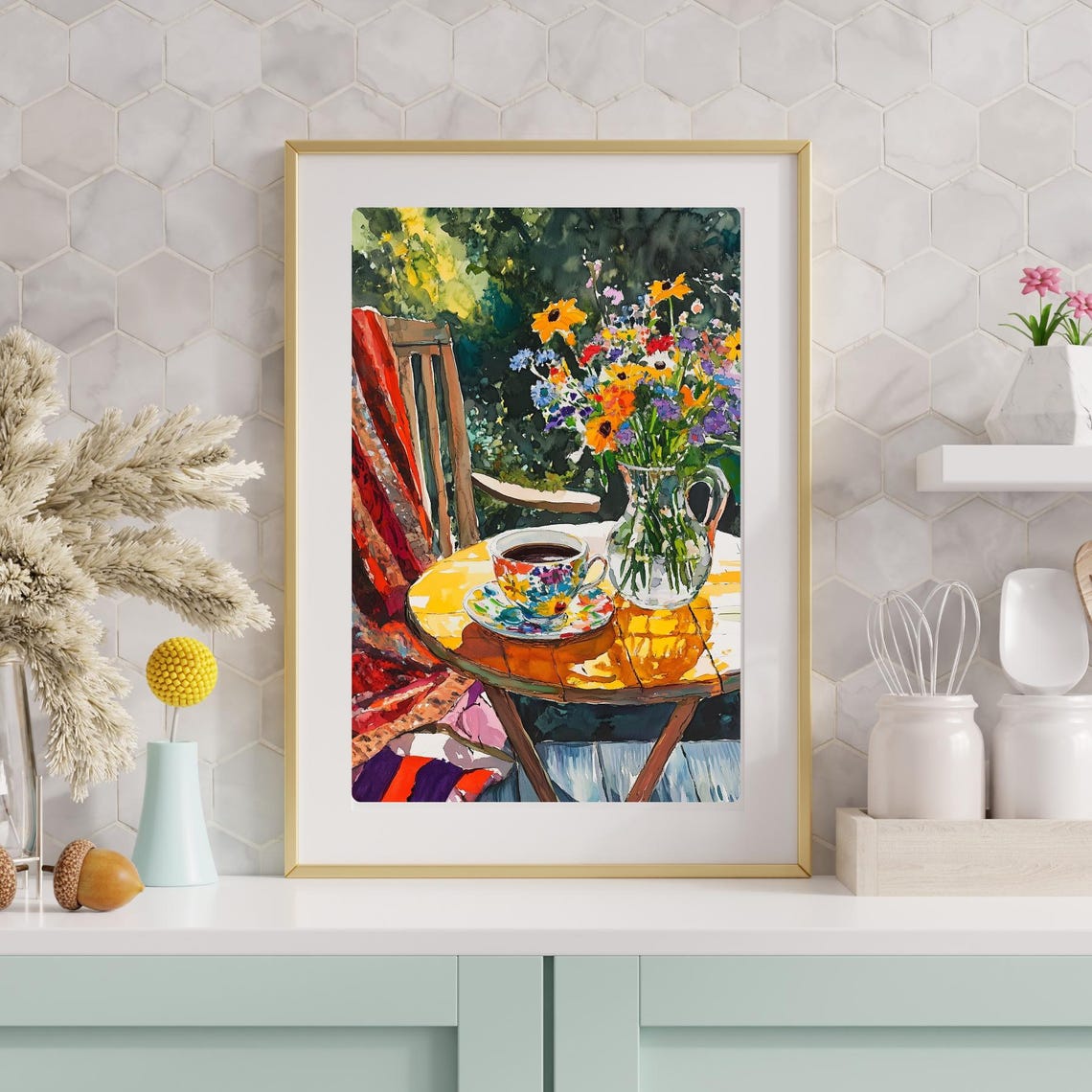 Garden Coffee Cup And Wildflower Bouquet Watercolor Art Poster - Image 4