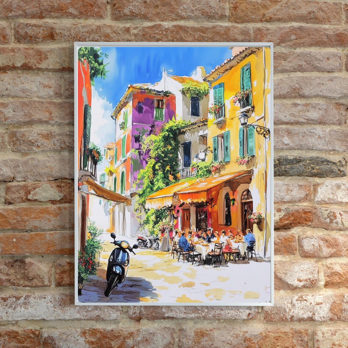 Italian Pizzeria Square Colorful Vespa Street Gouache Poster - Image 6
