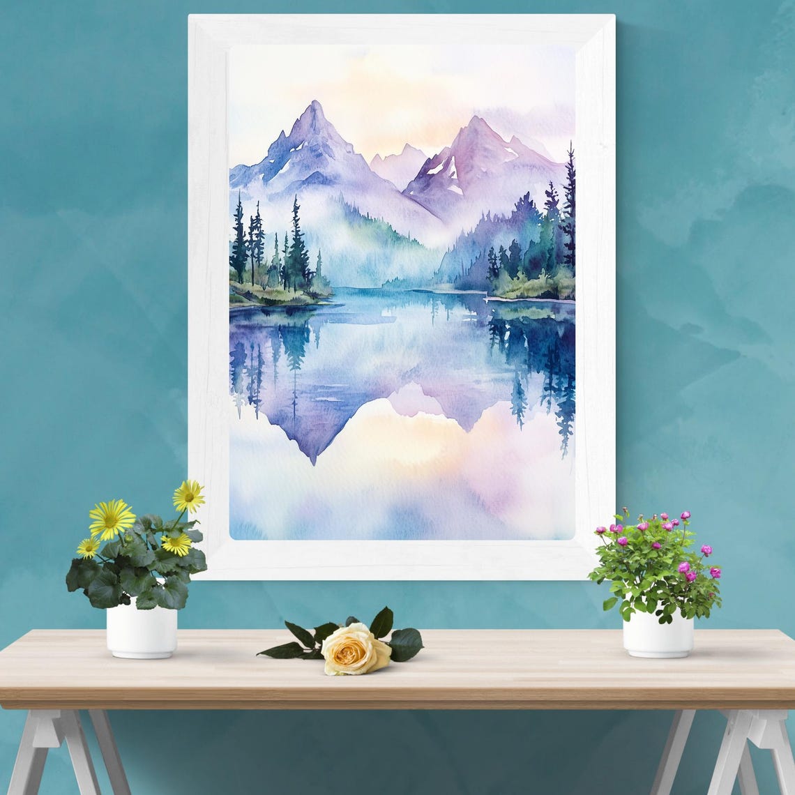Mountain Lake Reflection Art Print Watercolor Landscape Painting Misty Mountain Scene Wall Decor Tranquil Nature Art - Image 2