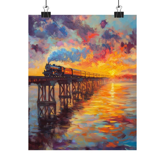 Train Art Print Sunset Railway Painting Bridge Landscape Dramatic Sky Wall Art Locomotive Decor Sunset Sky Lake Print