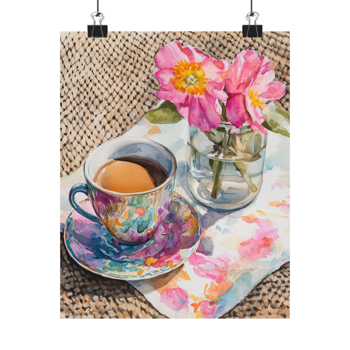 Floral Teacup Pink Cosmos Flowers Bright Watercolor Breakfast Poster