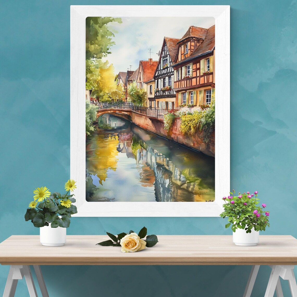Colmar France Canal Half Timbered Houses Bridge Watercolor Poster - Image 3