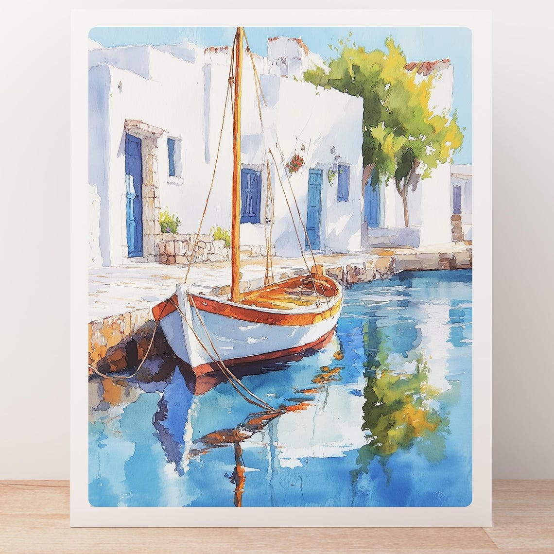 Whitewashed Greek Island Harbor with a Moored Sailboat Poster - Image 5