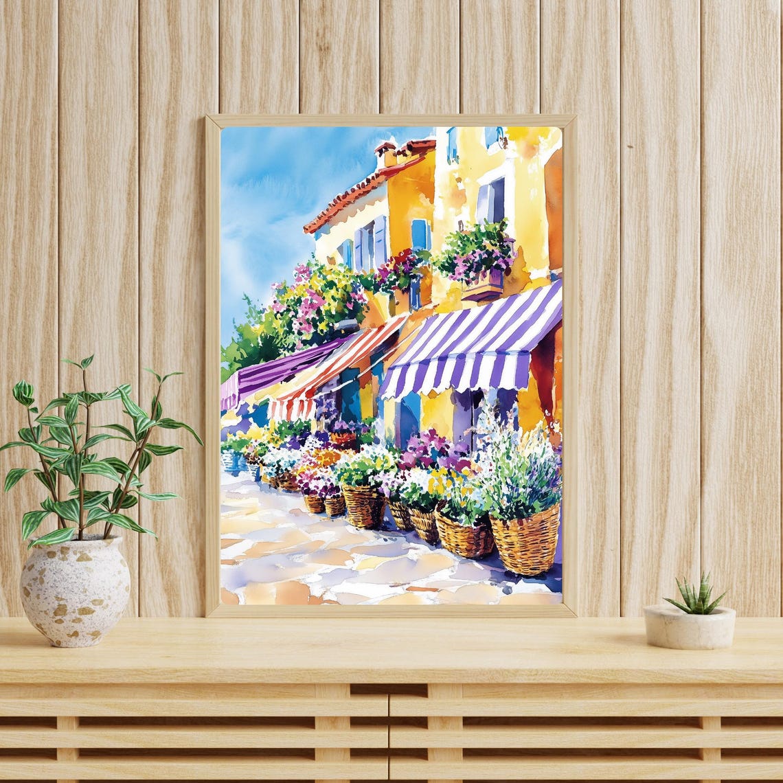 French Flower Market Watercolor Striped Awning Summer Street Poster - Image 3
