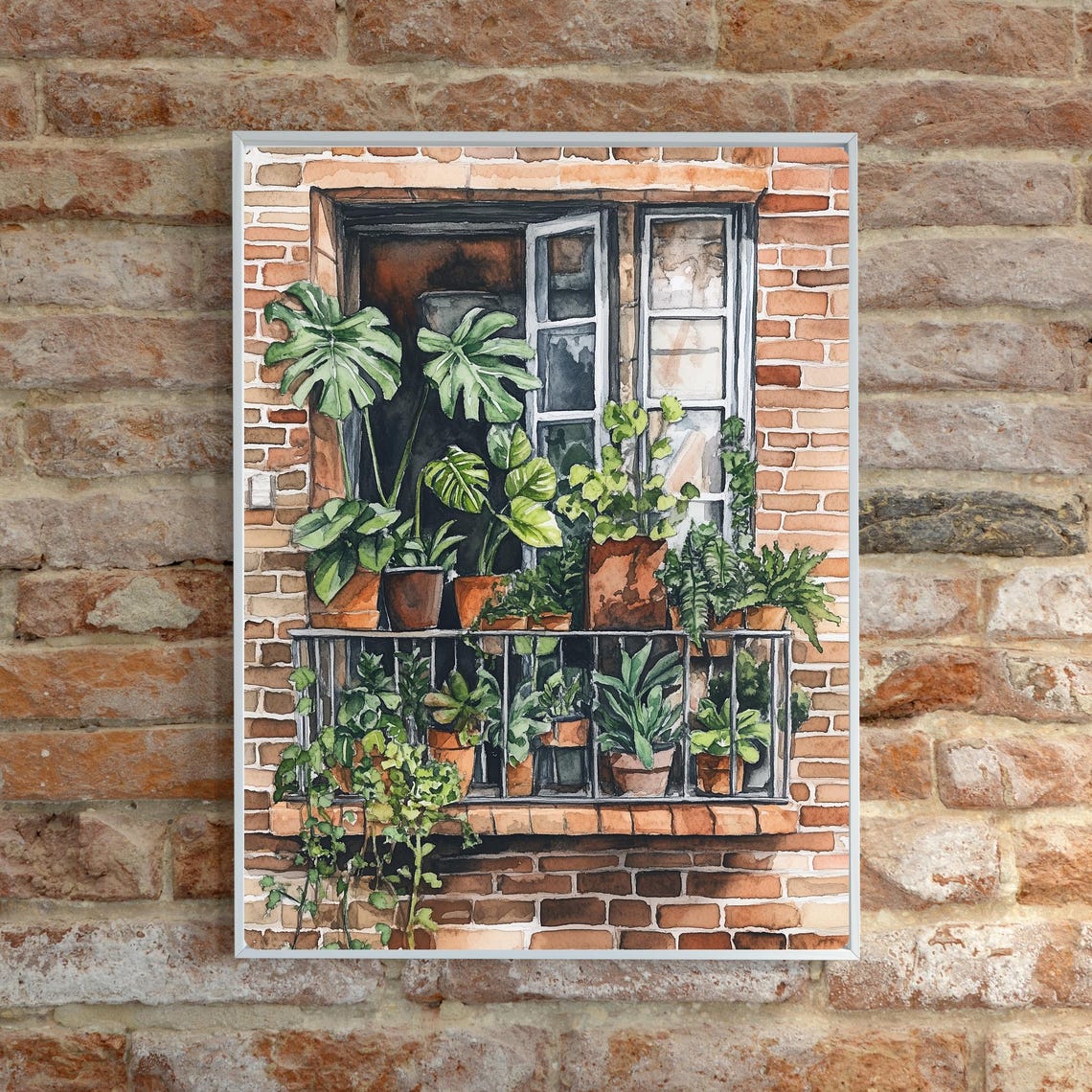 Terracotta Pots Full of Plants on an Open Brick Window Ledge Poster - Image 6