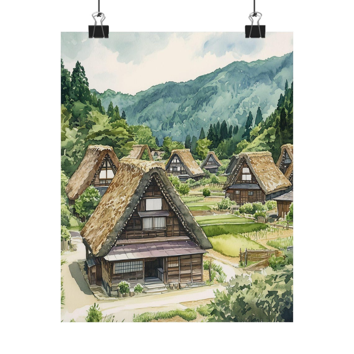 Shirakawa-go Japan Thatched Roof Village Watercolor Art Poster