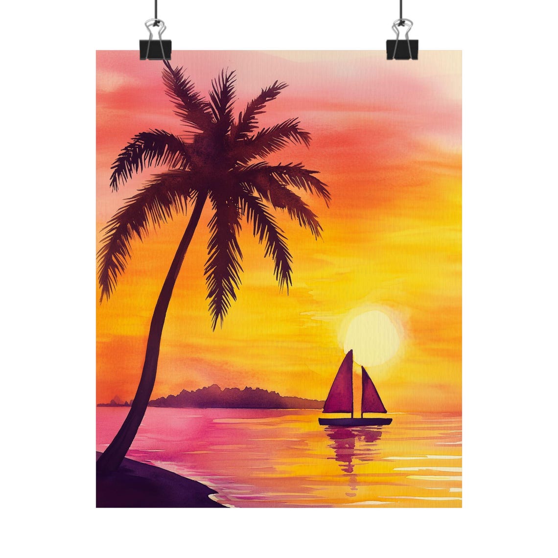 Tropical Sunset Sailboat Palm Silhouette Ocean Beach Watercolor Poster