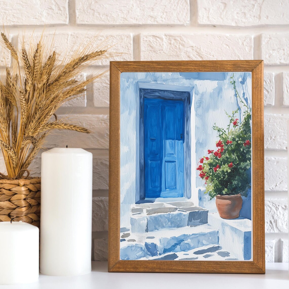 Greek Blue Door Red Flowers Santorini Style Watercolor Poster - Image 3