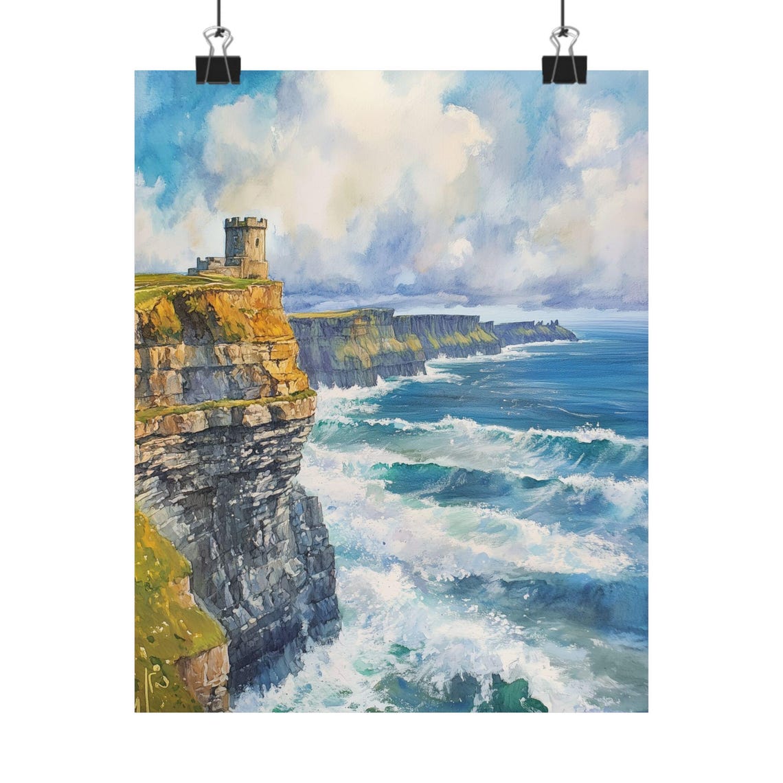 Cliffs of Moher Tower Overlooking Atlantic Ocean Waves Poster