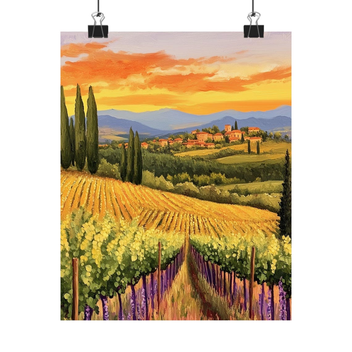 Tuscan Vineyard Rows at Sunset with a Hilltop Village Poster