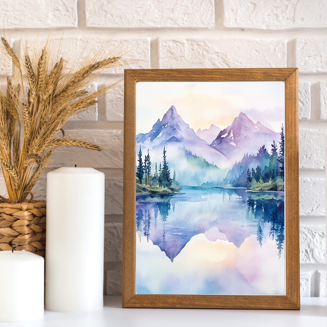 Misty Mountain Lake Reflection Peaks Watercolor Landscape Poster - Image 3