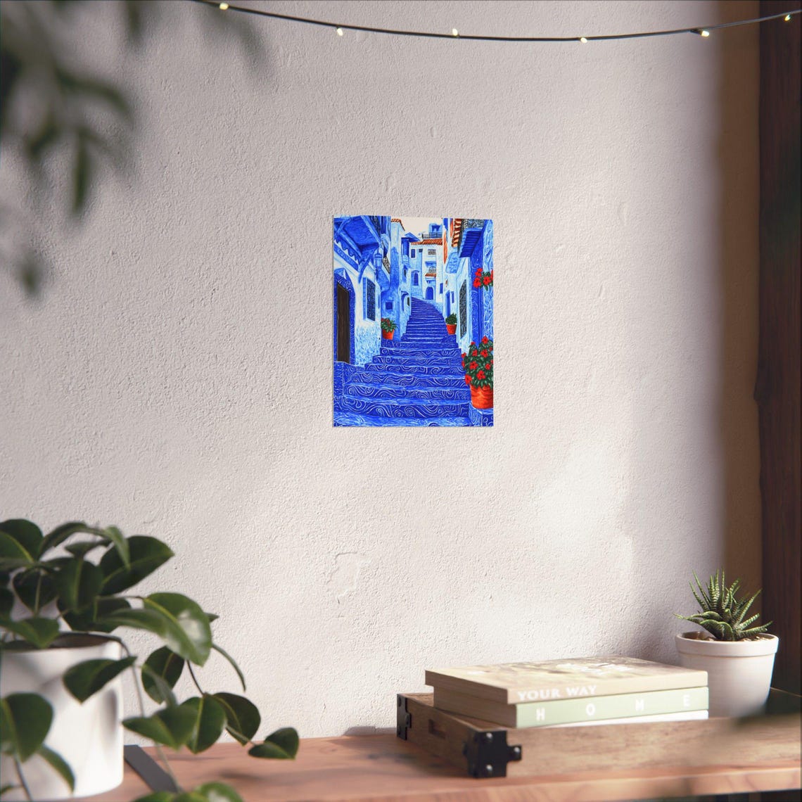 Chefchaouen Morocco Blue Painted Steps with Red Flowers Poster - Image 4