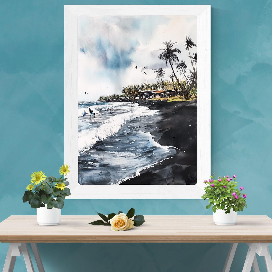 Surfer Riding Waves on a Moody Black Sand Tropical Beach Poster - Image 2