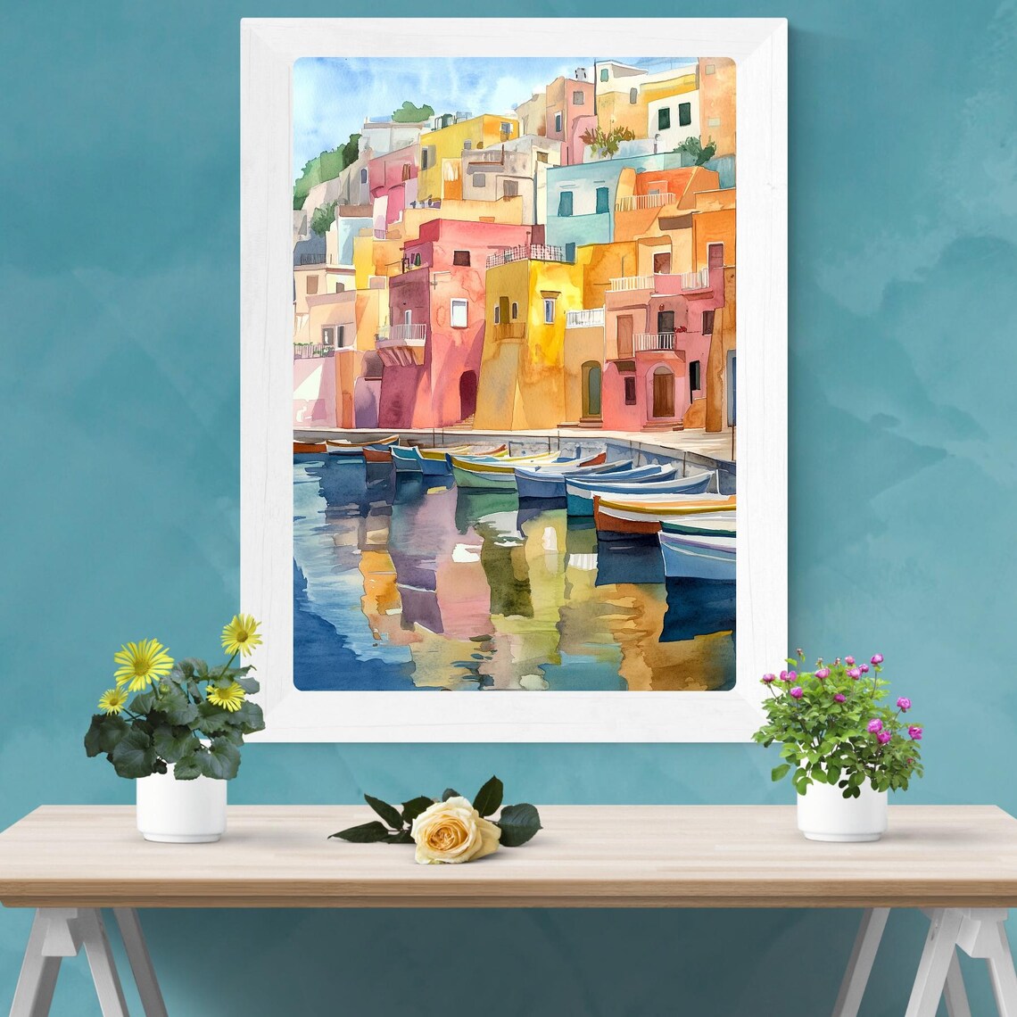 Procida Italy Colorful Harbor Houses Boats Watercolor Poster - Image 2