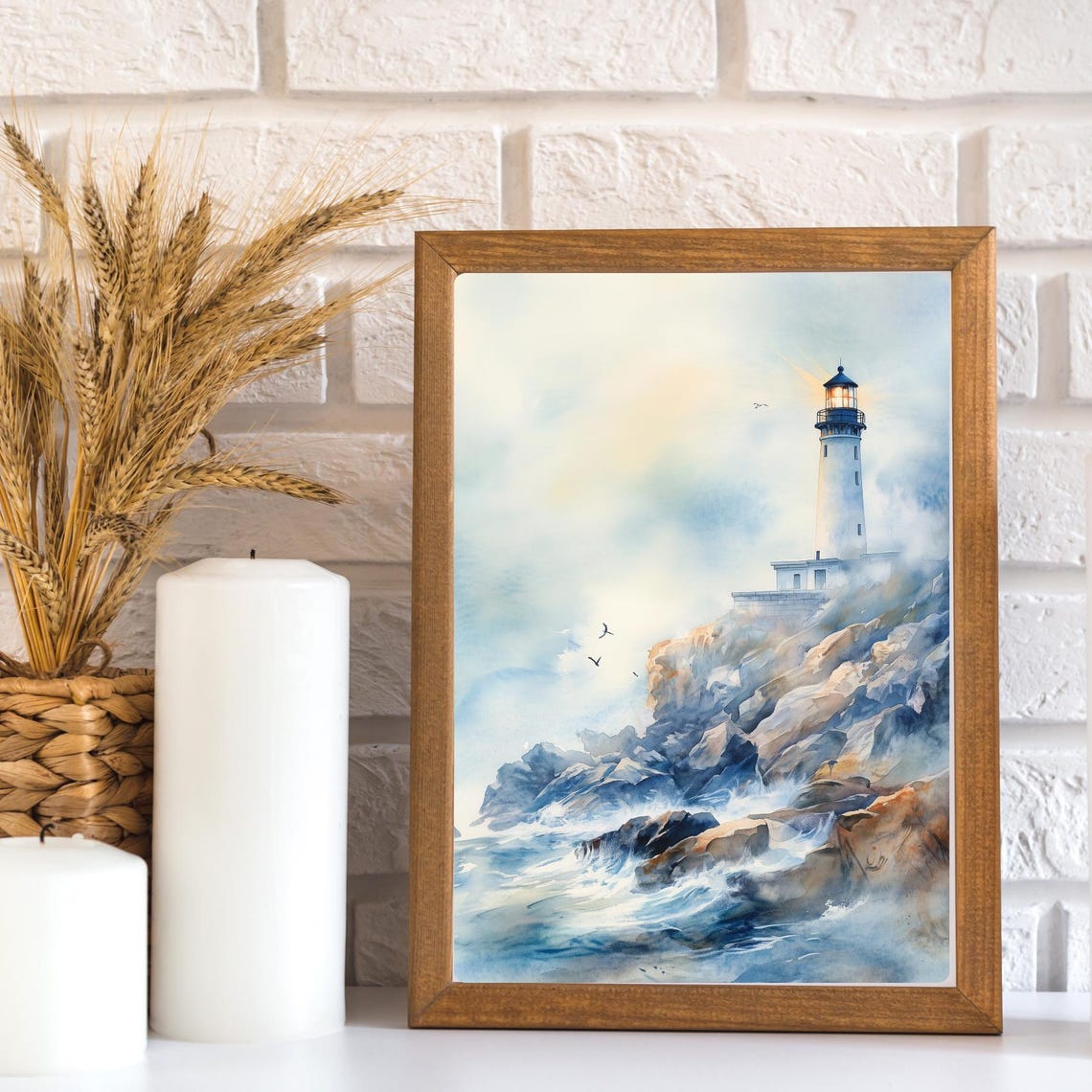 Lighthouse On Rocky Coast Ocean Waves Seagulls Watercolor Poster - Image 3