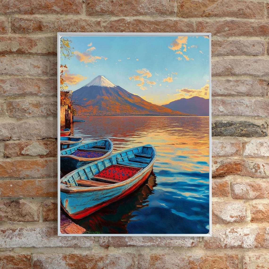 Lake Atitlan Wooden Canoes at Sunset Beneath the Volcano Poster - Image 6