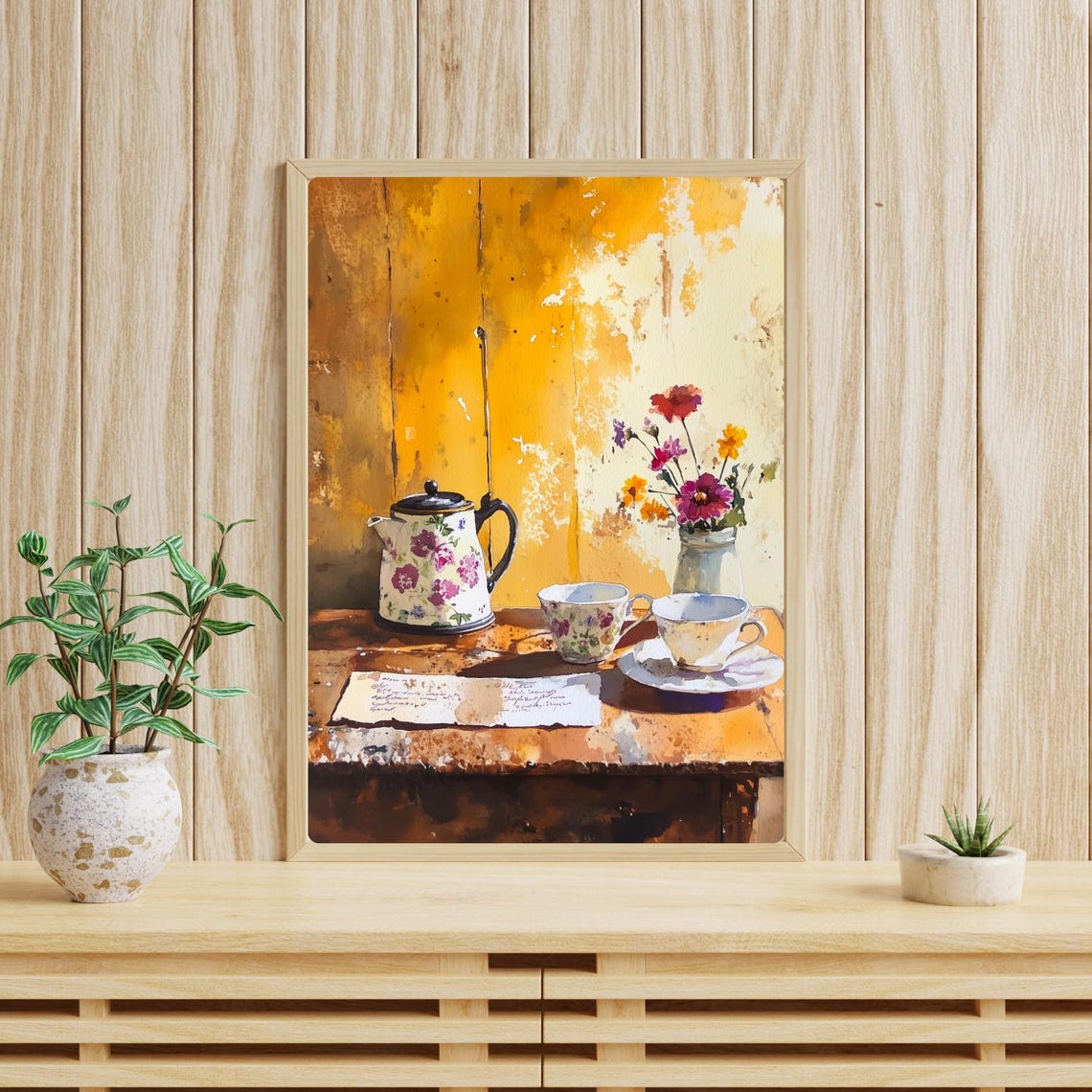 Vintage Floral Teapot and Teacups Still Life on Wood Table Print - Image 4