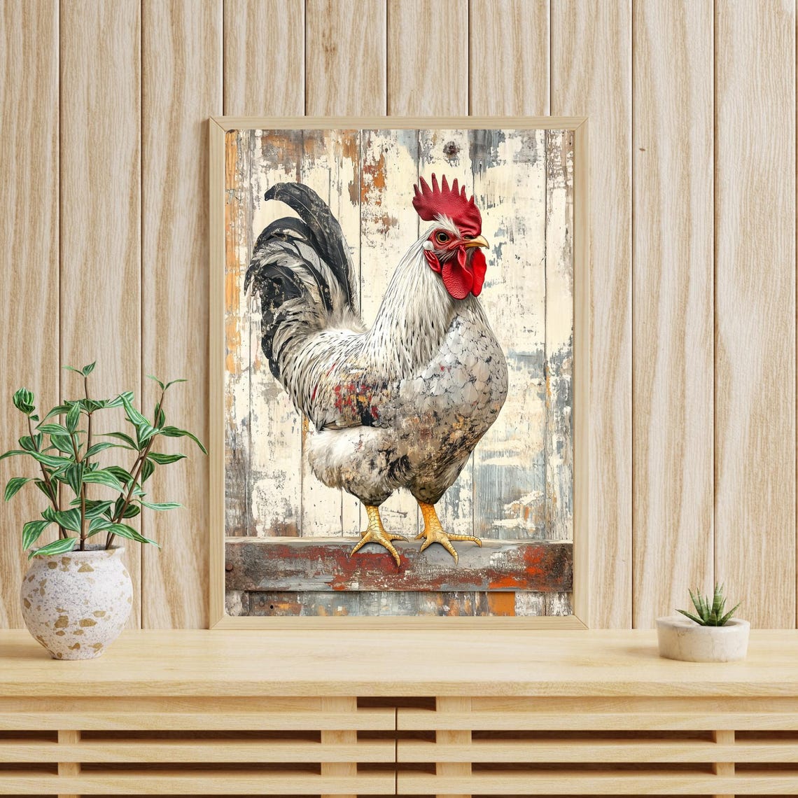 Rustic White Rooster Portrait on Distressed Barn Wood Poster - Image 4