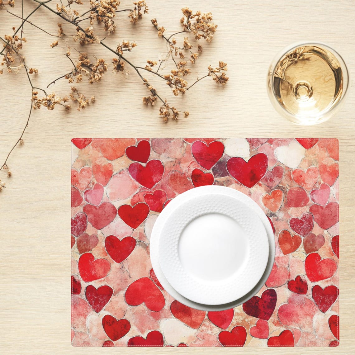 Watercolor Red Hearts Romantic Valentine Table Placemat Decor Print - Image 2