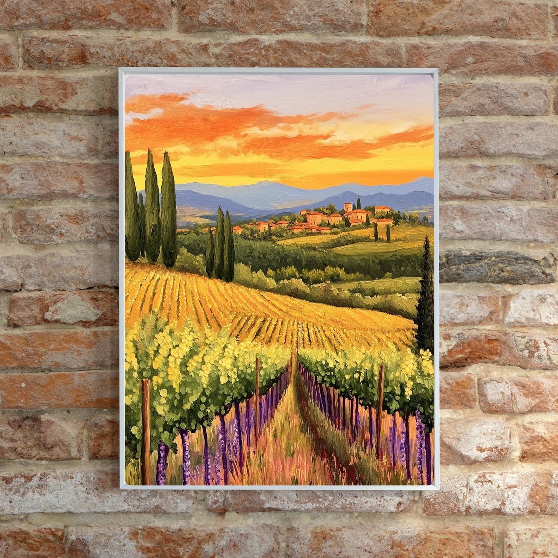 Tuscan Vineyard Rows at Sunset with a Hilltop Village Poster - Image 6
