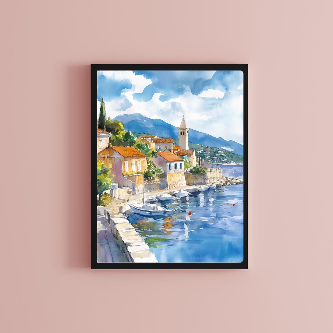 Croatian Coastal Town Harbor with Bell Tower Watercolor Poster - Image 2