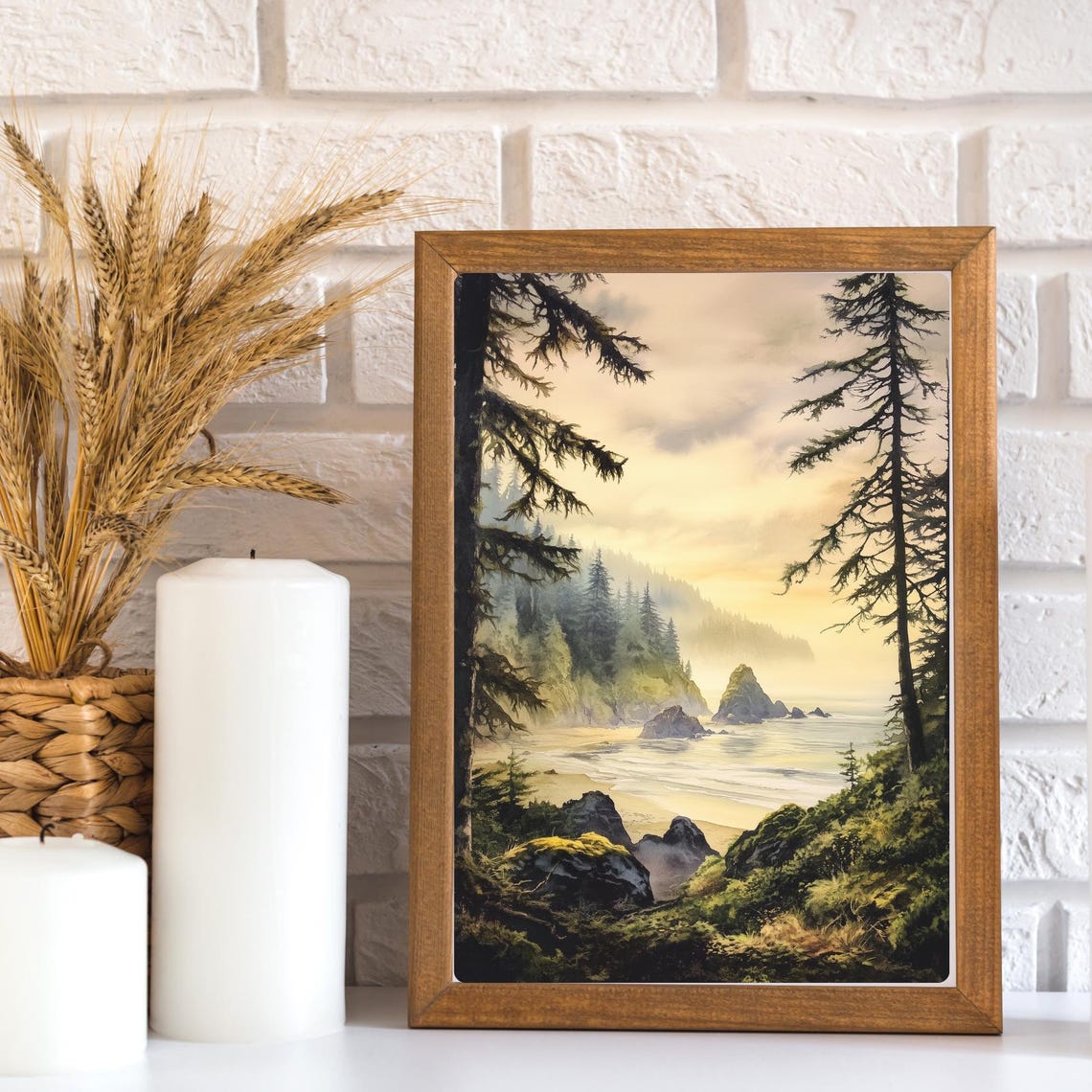Coastal Sunset Beach Scene Art Moody Misty Beach Wall Art Print Sitka Spruce Trees Artwork Ocean And Rocks Print Nature Landscape - Image 3