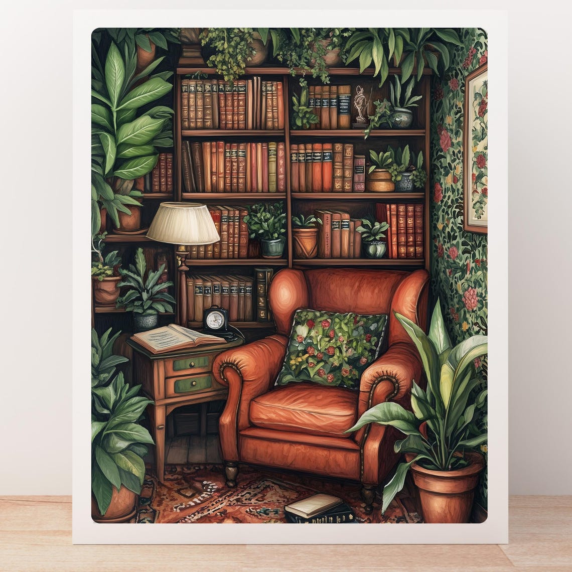 Botanical Reading Nook with a Leather Armchair and Books Print - Image 5