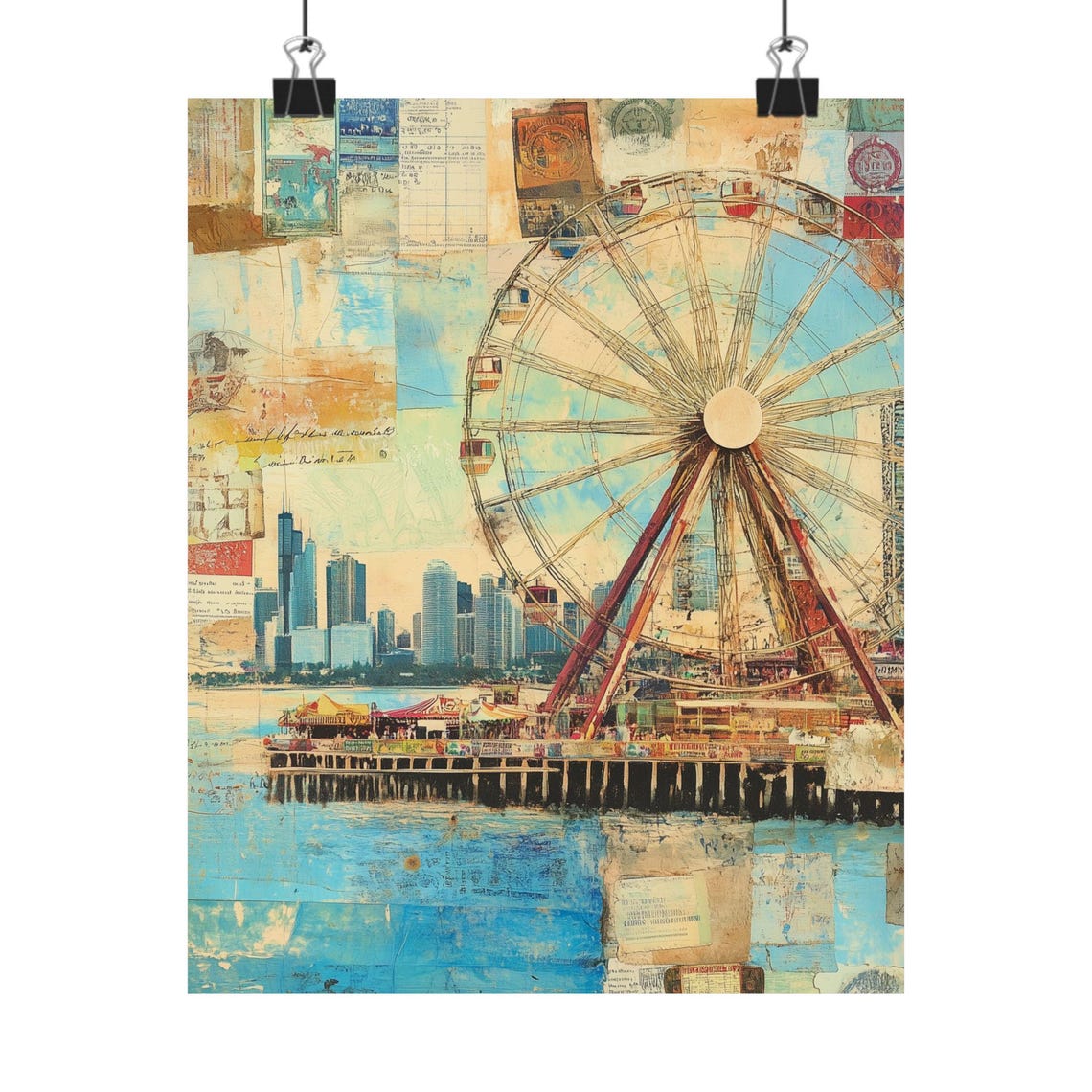 Chicago Navy Pier Ferris Wheel Vintage Collage Lake Michigan Poster