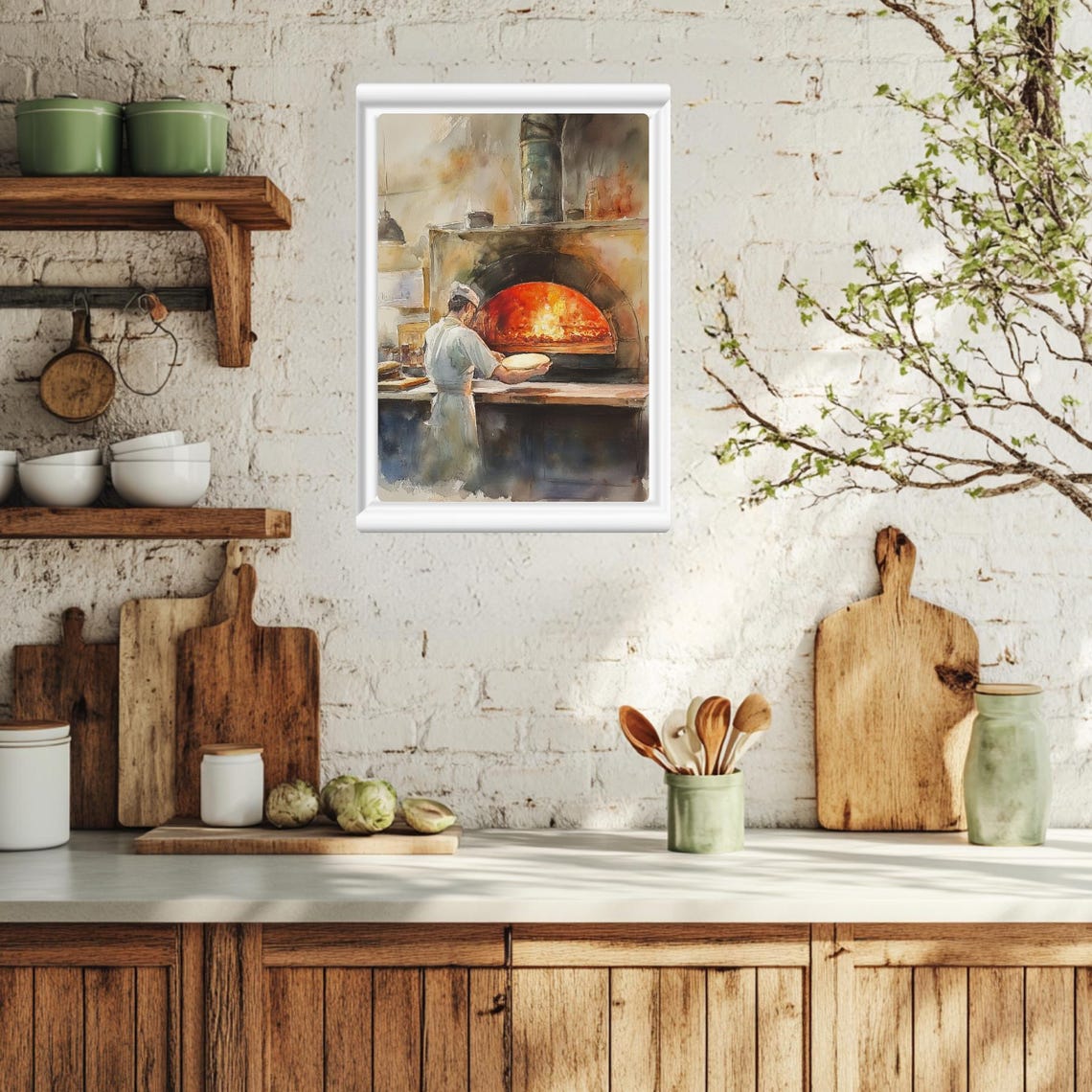Italian Pizzaiolo Wood Fired Pizza Oven Kitchen Watercolor Poster - Image 4