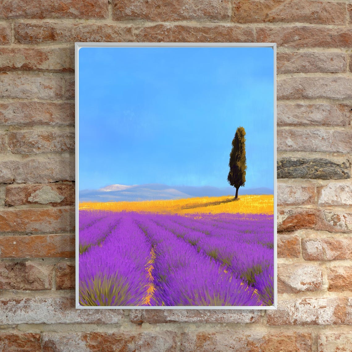 Provence Lavender Field with a Single Cypress Tree at Dusk Print - Image 6