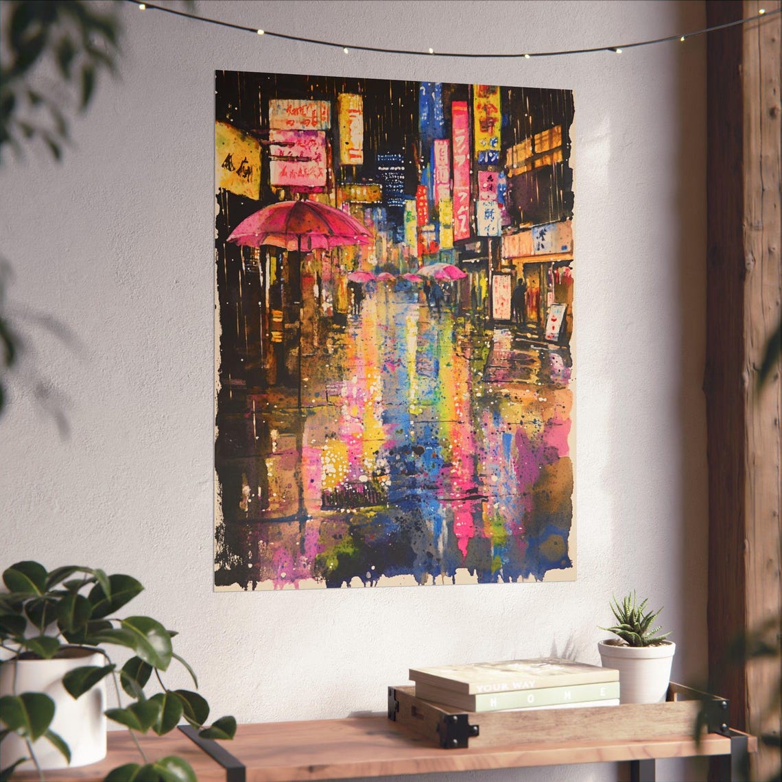 Tokyo Street Art Rainy Night Watercolor Painting Neon Lights City Print Umbrellas Scene Wall Decor Urban Japan Art Abstract Art - Image 6