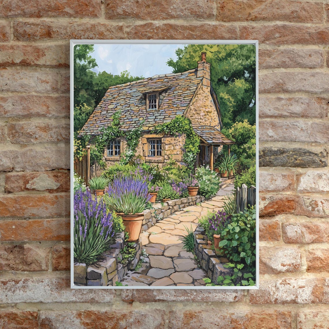 Charming Stone Cottage with Lavender Garden Path and Pots Poster - Image 6