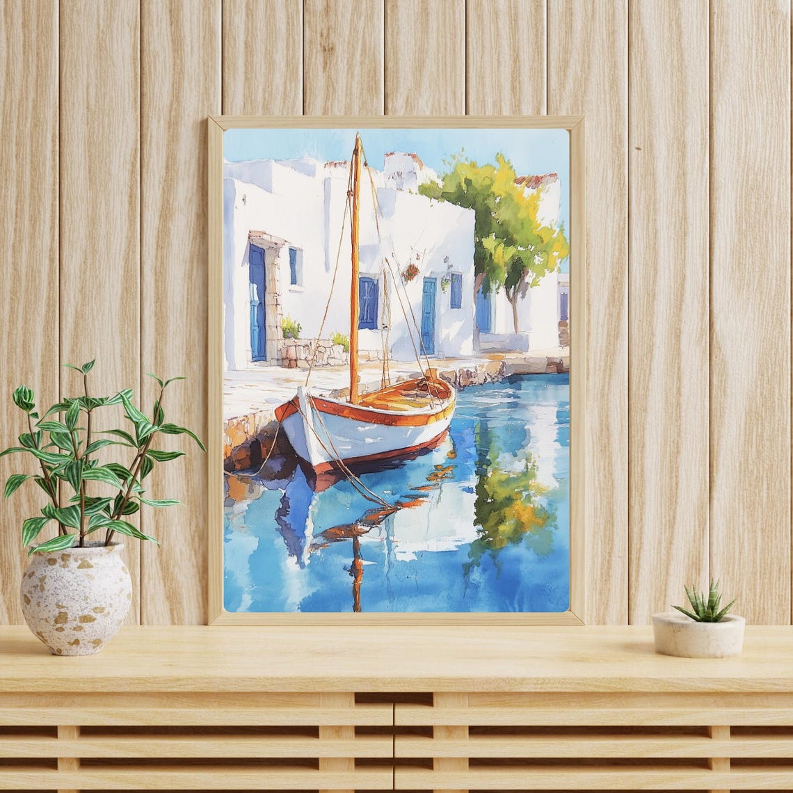 Whitewashed Greek Island Harbor with a Moored Sailboat Poster - Image 4